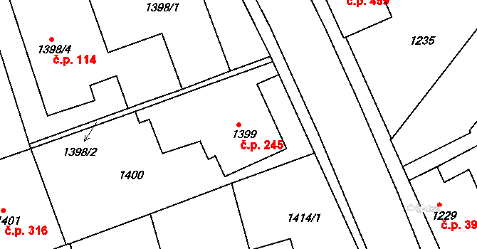 Litomyšlské Předměstí 245, Vysoké Mýto na parcele st. 1399 v KÚ Vysoké Mýto, Katastrální mapa