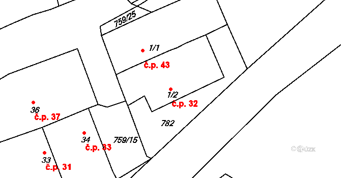 Mlékojedy 32, Neratovice na parcele st. 1/2 v KÚ Mlékojedy u Neratovic, Katastrální mapa