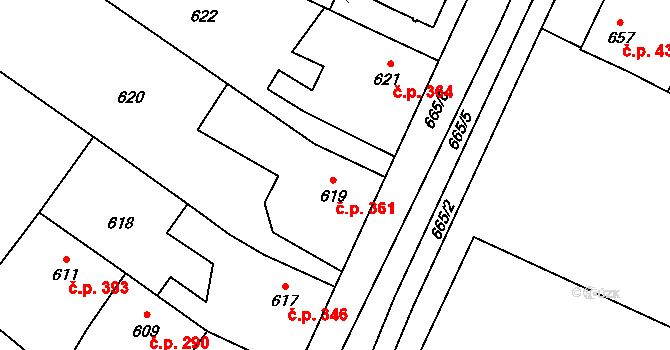 Veselí nad Lužnicí I 361, Veselí nad Lužnicí na parcele st. 619 v KÚ Veselí nad Lužnicí, Katastrální mapa