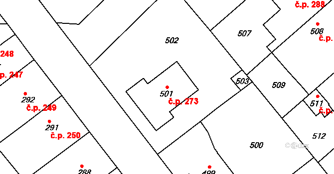 Jakubské Předměstí 273, Jaroměř na parcele st. 501 v KÚ Jaroměř, Katastrální mapa
