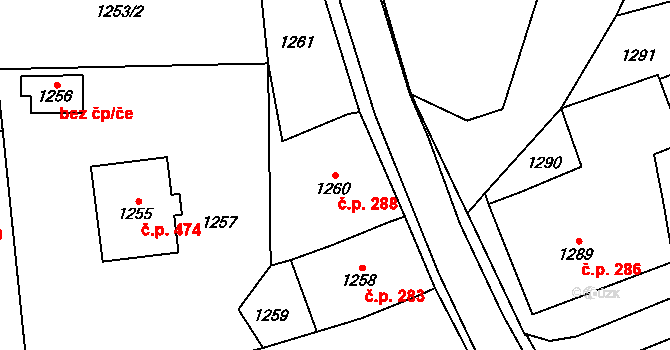 Olešnice 288 na parcele st. 1260 v KÚ Olešnice na Moravě, Katastrální mapa