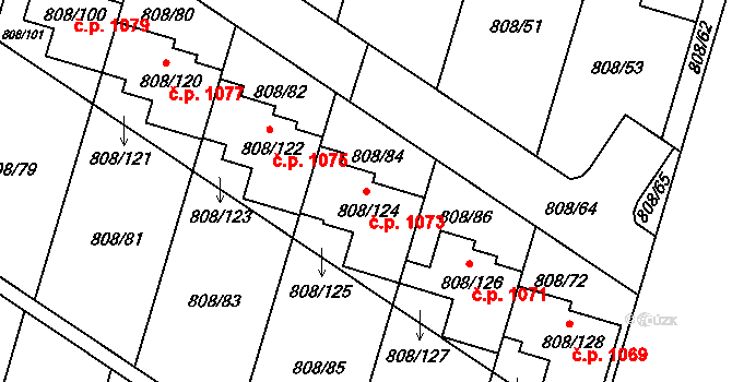 Srubec 1073 na parcele st. 808/124 v KÚ Srubec, Katastrální mapa
