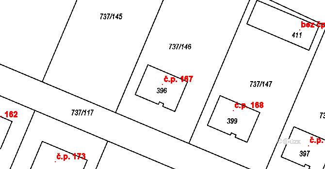 Doksany 167 na parcele st. 396 v KÚ Doksany, Katastrální mapa