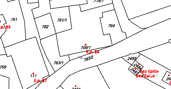 Chobyně 24, Šubířov na parcele st. 109/1 v KÚ Šubířov, Katastrální mapa