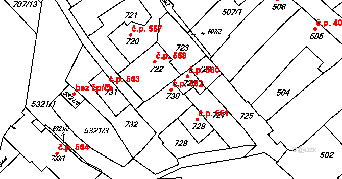 Znojmo 562 na parcele st. 730 v KÚ Znojmo-město, Katastrální mapa