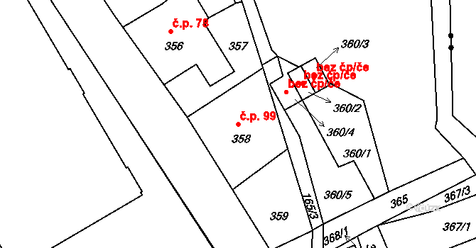 Rýnovice 99, Jablonec nad Nisou na parcele st. 358 v KÚ Rýnovice, Katastrální mapa
