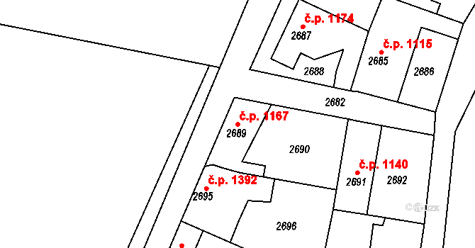 Roztoky 1167 na parcele st. 2689 v KÚ Žalov, Katastrální mapa