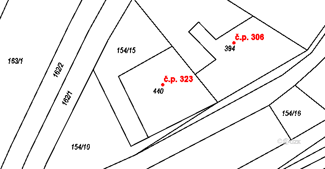Žeravice 323 na parcele st. 440 v KÚ Žeravice u Kyjova, Katastrální mapa