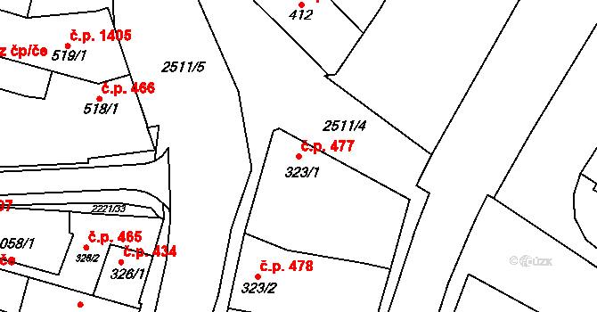 Kyjov 477 na parcele st. 323/1 v KÚ Kyjov, Katastrální mapa