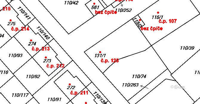 Mratín 128 na parcele st. 131/1 v KÚ Mratín, Katastrální mapa