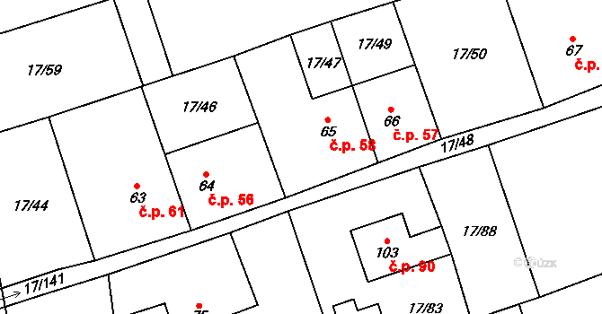 Študlov 58 na parcele st. 65 v KÚ Študlov u Vítějevsi, Katastrální mapa