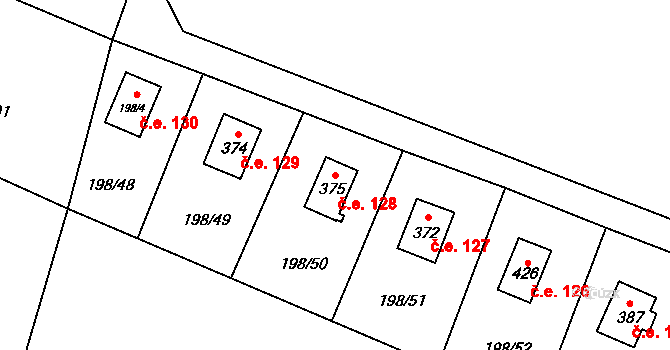 Kozlany 128 na parcele st. 375 v KÚ Kozlany, Katastrální mapa