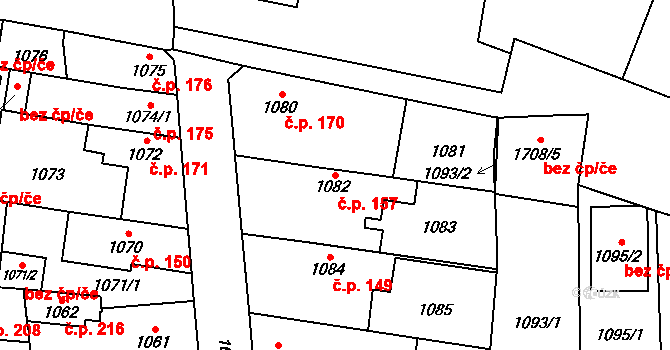Řeporyje 157, Praha na parcele st. 1082 v KÚ Řeporyje, Katastrální mapa
