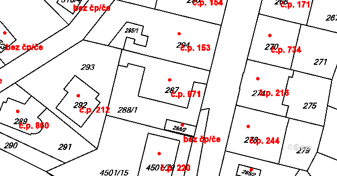 Strašnice 971, Praha na parcele st. 287 v KÚ Strašnice, Katastrální mapa