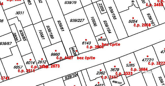 Hodonín 3605 na parcele st. 6143 v KÚ Hodonín, Katastrální mapa