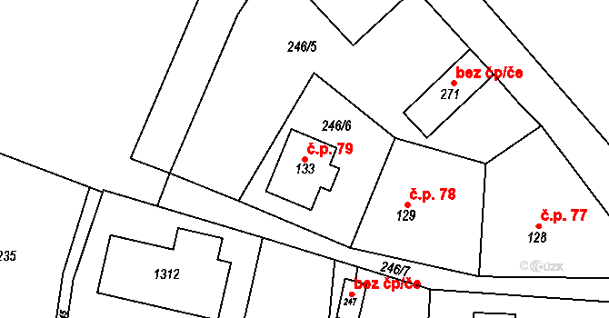 Kocbeře 79 na parcele st. 133 v KÚ Kocbeře, Katastrální mapa