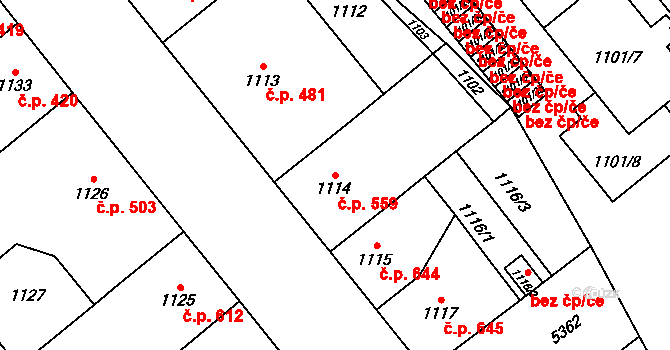 Východní Předměstí 559, Plzeň na parcele st. 1114 v KÚ Plzeň, Katastrální mapa