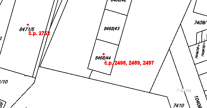 Jižní Předměstí 2469,2496,2497, Plzeň na parcele st. 8468/43 v KÚ Plzeň, Katastrální mapa