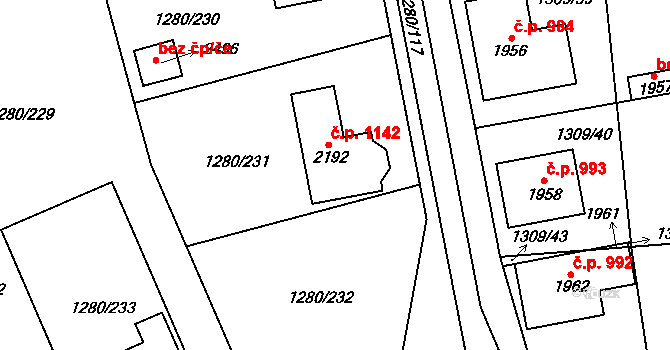 Dobřany 1142 na parcele st. 2192 v KÚ Dobřany, Katastrální mapa