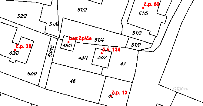 Poláky 134, Chbany na parcele st. 48/2 v KÚ Poláky, Katastrální mapa