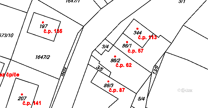Oslavice 62 na parcele st. 86/2 v KÚ Oslavice, Katastrální mapa