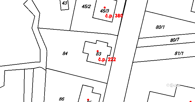 Zádveřice 222, Zádveřice-Raková na parcele st. 83 v KÚ Zádveřice, Katastrální mapa