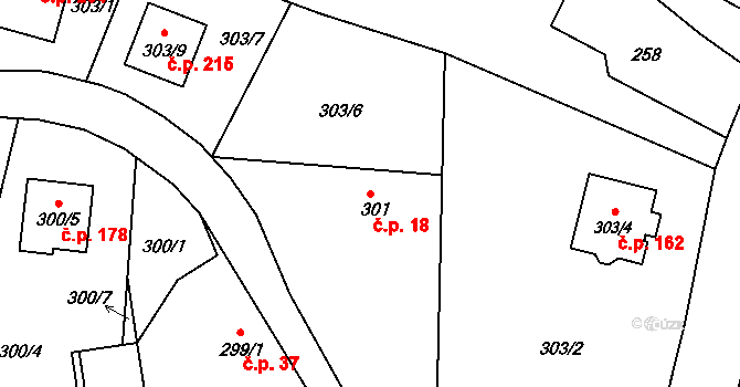 Velíková 18, Zlín na parcele st. 301 v KÚ Velíková, Katastrální mapa
