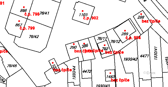 Hrušovany nad Jevišovkou 42409888 na parcele st. 386 v KÚ Hrušovany nad Jevišovkou, Katastrální mapa