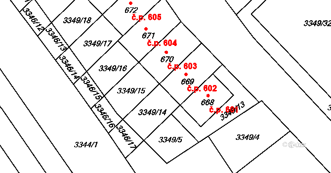 Jalubí 602 na parcele st. 669 v KÚ Jalubí, Katastrální mapa