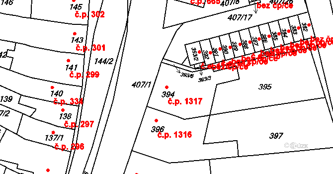 Kunovice 1317 na parcele st. 394 v KÚ Kunovice u Uherského Hradiště, Katastrální mapa