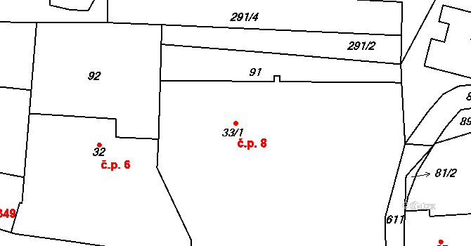 Tuchoměřice 8 na parcele st. 33/1 v KÚ Tuchoměřice, Katastrální mapa