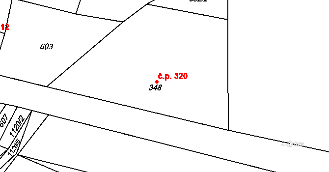 Horní Jelení 320 na parcele st. 348 v KÚ Horní Jelení, Katastrální mapa