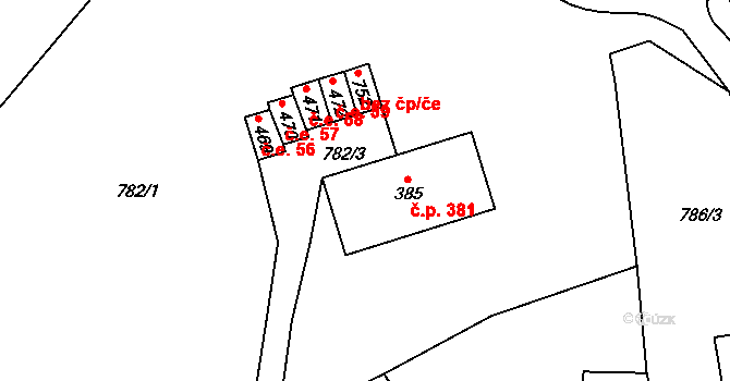 Lysice 381 na parcele st. 385 v KÚ Lysice, Katastrální mapa