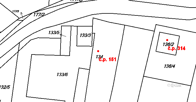 Sedlec 151 na parcele st. 134/1 v KÚ Sedlec u Mikulova, Katastrální mapa