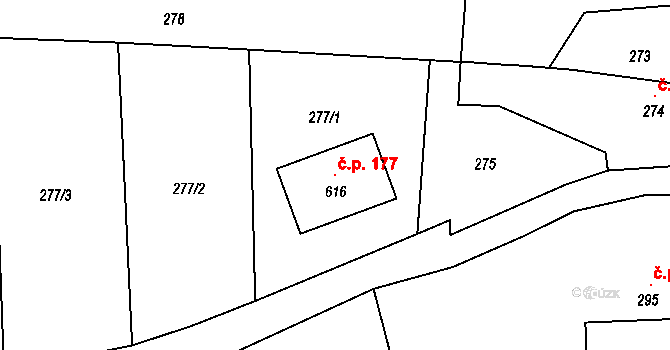 Bušovice 177 na parcele st. 616 v KÚ Bušovice, Katastrální mapa