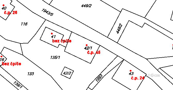Jílové u Držkova 45 na parcele st. 42/1 v KÚ Jílové u Držkova, Katastrální mapa