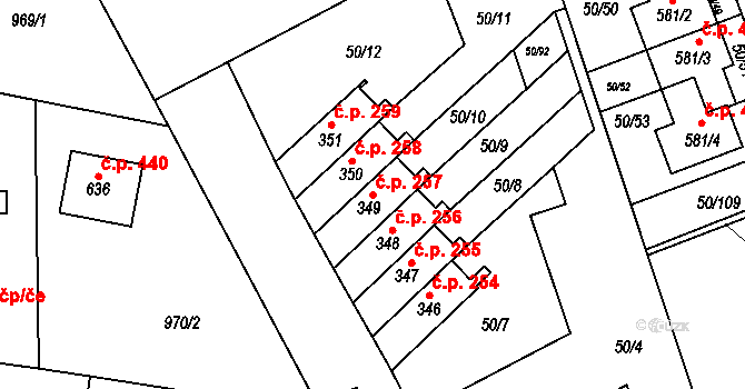 Škvorec 257 na parcele st. 349 v KÚ Škvorec, Katastrální mapa