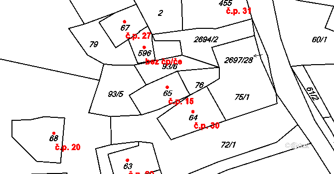 Loučky 15 na parcele st. 65 v KÚ Loučky u Turnova, Katastrální mapa