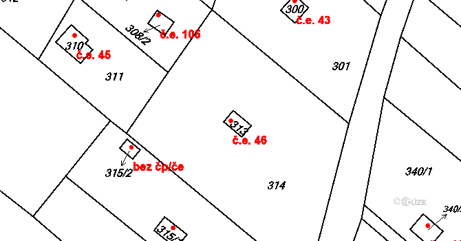 Olešná 46, Blansko na parcele st. 313 v KÚ Olešná u Blanska, Katastrální mapa