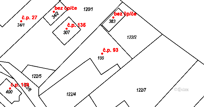 Stěžery 93 na parcele st. 100 v KÚ Stěžery, Katastrální mapa