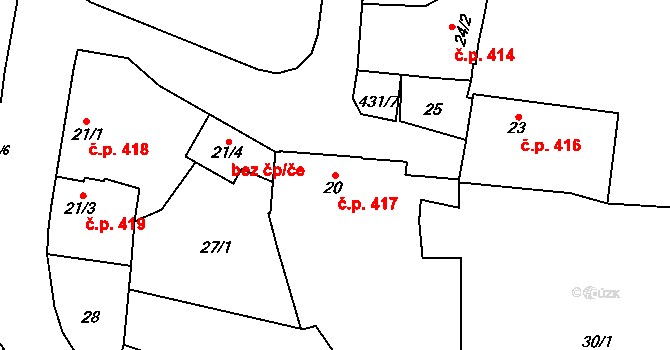 Bohuňovice 417 na parcele st. 20 v KÚ Moravská Loděnice, Katastrální mapa