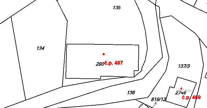 Rožnov pod Radhoštěm 497 na parcele st. 290 v KÚ Rožnov pod Radhoštěm, Katastrální mapa