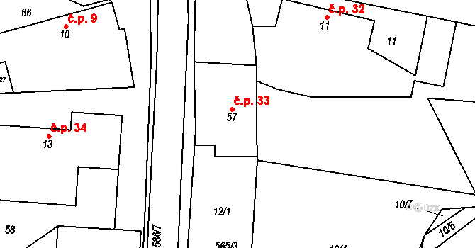 Vrbice 33 na parcele st. 57 v KÚ Vrbice nad Cidlinou, Katastrální mapa