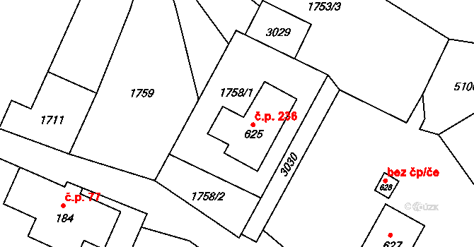 Koclířov 236 na parcele st. 625 v KÚ Koclířov, Katastrální mapa