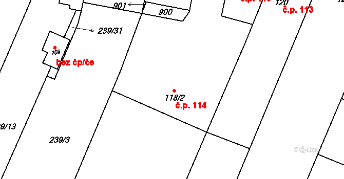 Loučeň 114 na parcele st. 118/2 v KÚ Loučeň, Katastrální mapa