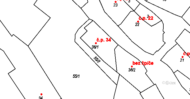 Stropešín 34 na parcele st. 36/1 v KÚ Stropešín, Katastrální mapa