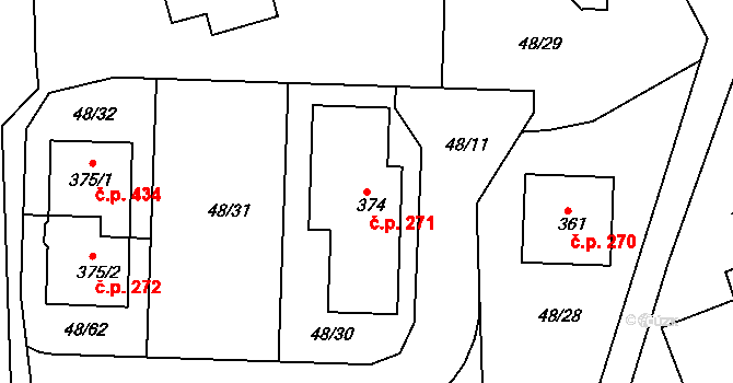 Týn 271, Třebíč na parcele st. 374 v KÚ Týn u Třebíče, Katastrální mapa