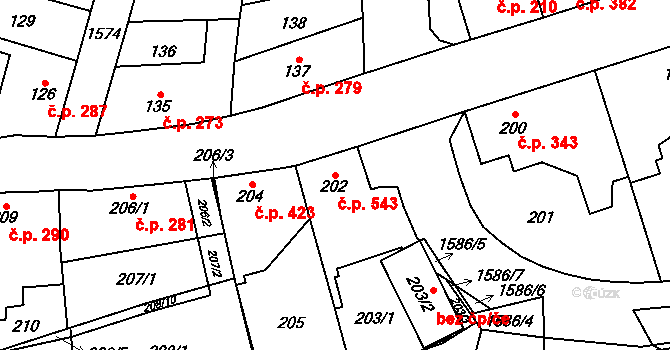 Řeporyje 543, Praha na parcele st. 202 v KÚ Řeporyje, Katastrální mapa