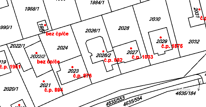 Modřany 882, Praha na parcele st. 2026/2 v KÚ Modřany, Katastrální mapa