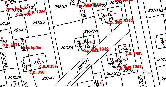 Sezimovo Ústí 342 na parcele st. 264/1 v KÚ Sezimovo Ústí, Katastrální mapa